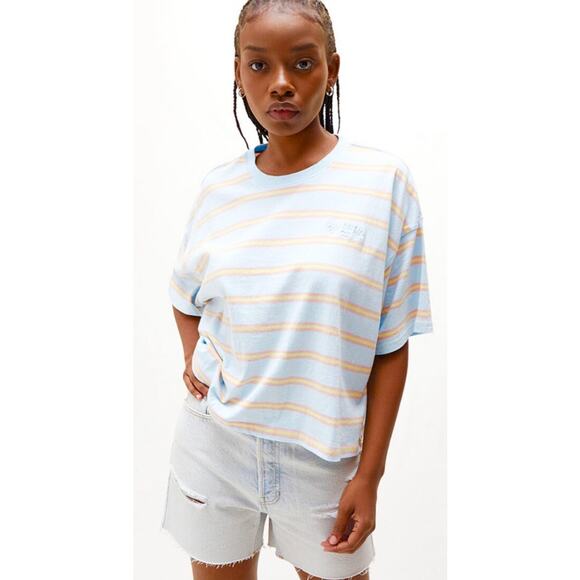 EUC Billabong Feeling Free Cropped Boxy Tee Light Blue Retro Stripes Womens Med - Picture 6 of 13